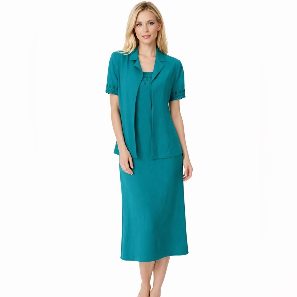 Jessica Howard 2pc Turquoise Jkt Dress Lined Size 12 Short Sleeve Back Zip/slit